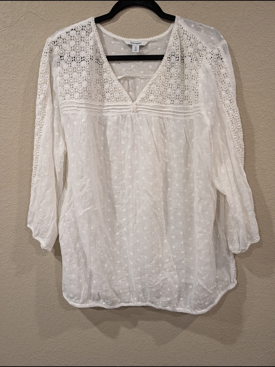 Old Navy Tops - Old Navy White Lace Yoke Swiss Dot Peasant Blouse Cotton Boho